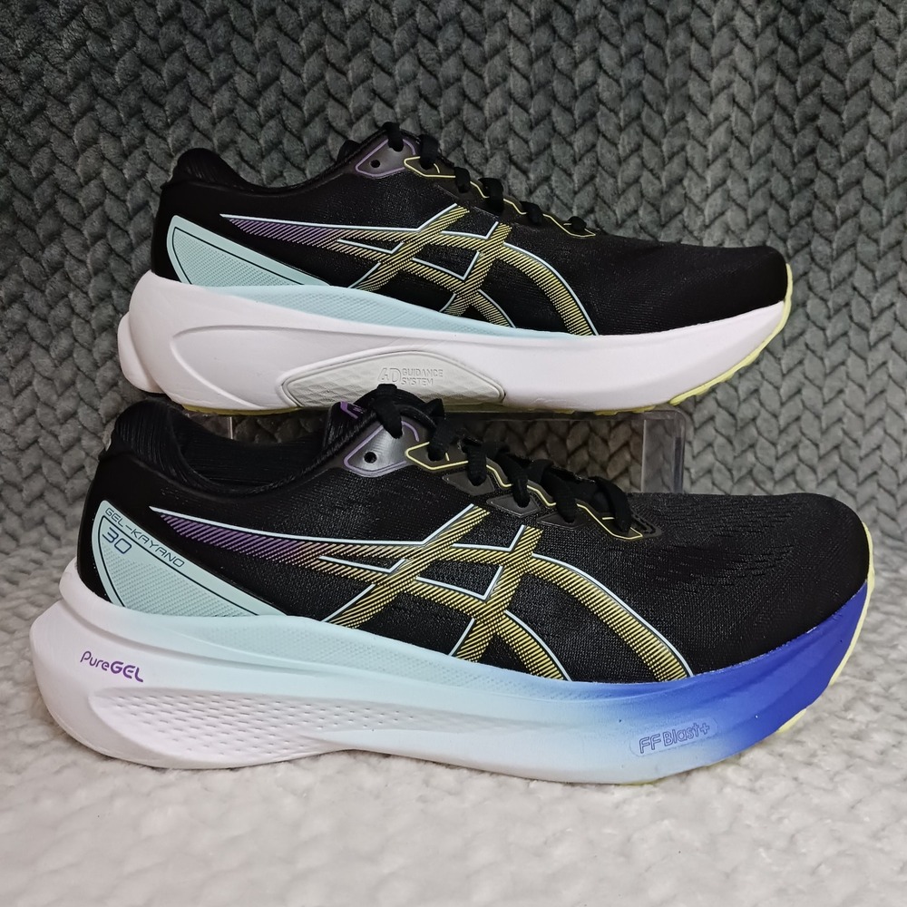 Asics Gel Kayano 30 Black Blue Glow Yellow Women's Walking Running Shoes Size 10
